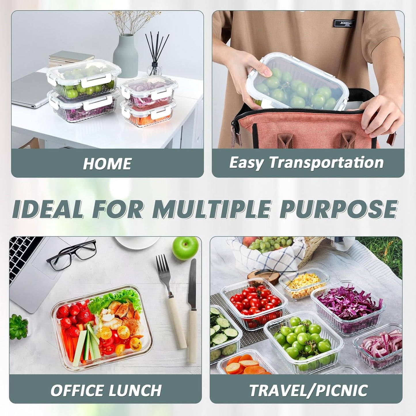 KOMUEE 10 Packs Glass Food Storage Containers Set, Glass Meal Prep Containers with Lids, Airtight Lunch Containers, Microwave, Oven, Freezer and Dishwasher Safe, White