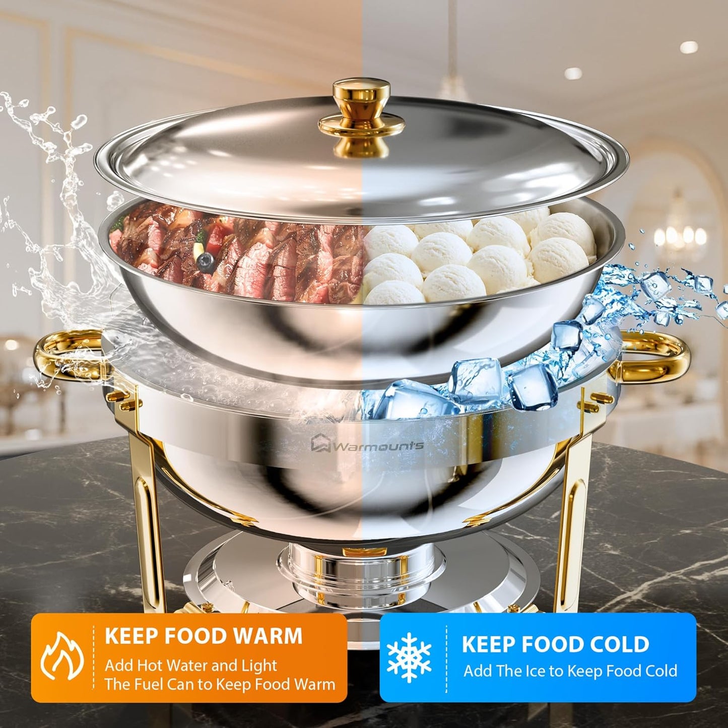 Gold Chafing Dishes for Buffet (5QT, 6 Pack), Round Chafers and Buffet Warmers Sets, Food Grade Stainless Steel Chafing Dish Set, Rolled Edge Design, for Catering Events, Parties, Weddings