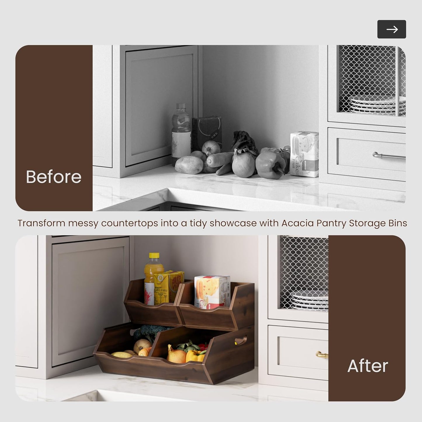 HOLANA Acacia Potato and Onion Storage Bin - Stackable Wooden Storage Bins - Pantry Baskets Organization and Storage - Onion and Potato Storage Bins for Kitchen Storage Organization