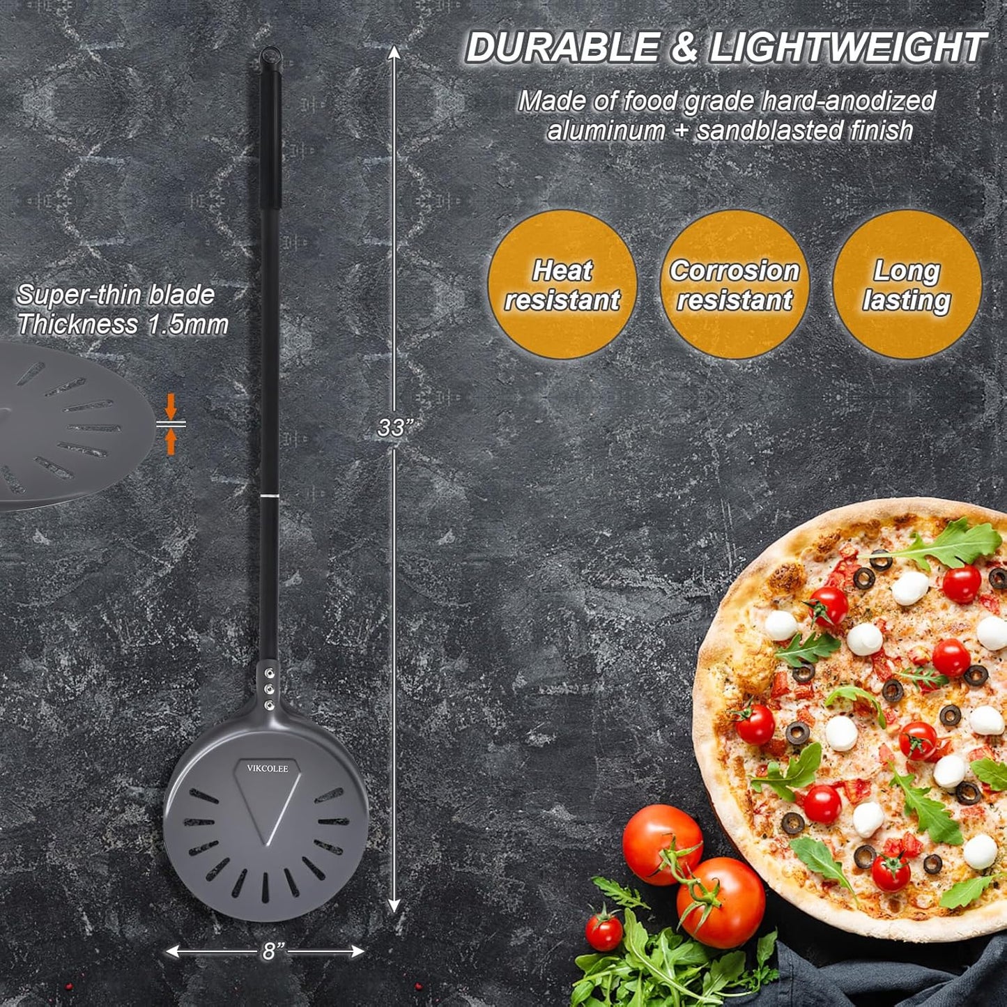 Turning Pizza Peel, 8 Inch with 25 Inch Handle Round Pizza Turning Peel, Professional Anodized Aluminum Turning Pizza Spatula, 33 Inch overall