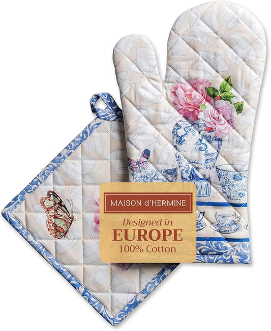 Maison d' Hermine 100% Cotton Oven Mitt & Pot Holder Set (7.5"x13" & 8"x8") Heat Resistant BBQ Cooking Gloves with Loop, Baking, Grilling, Kitchen, Handling Hot Pans Spring/Summer (Canton)