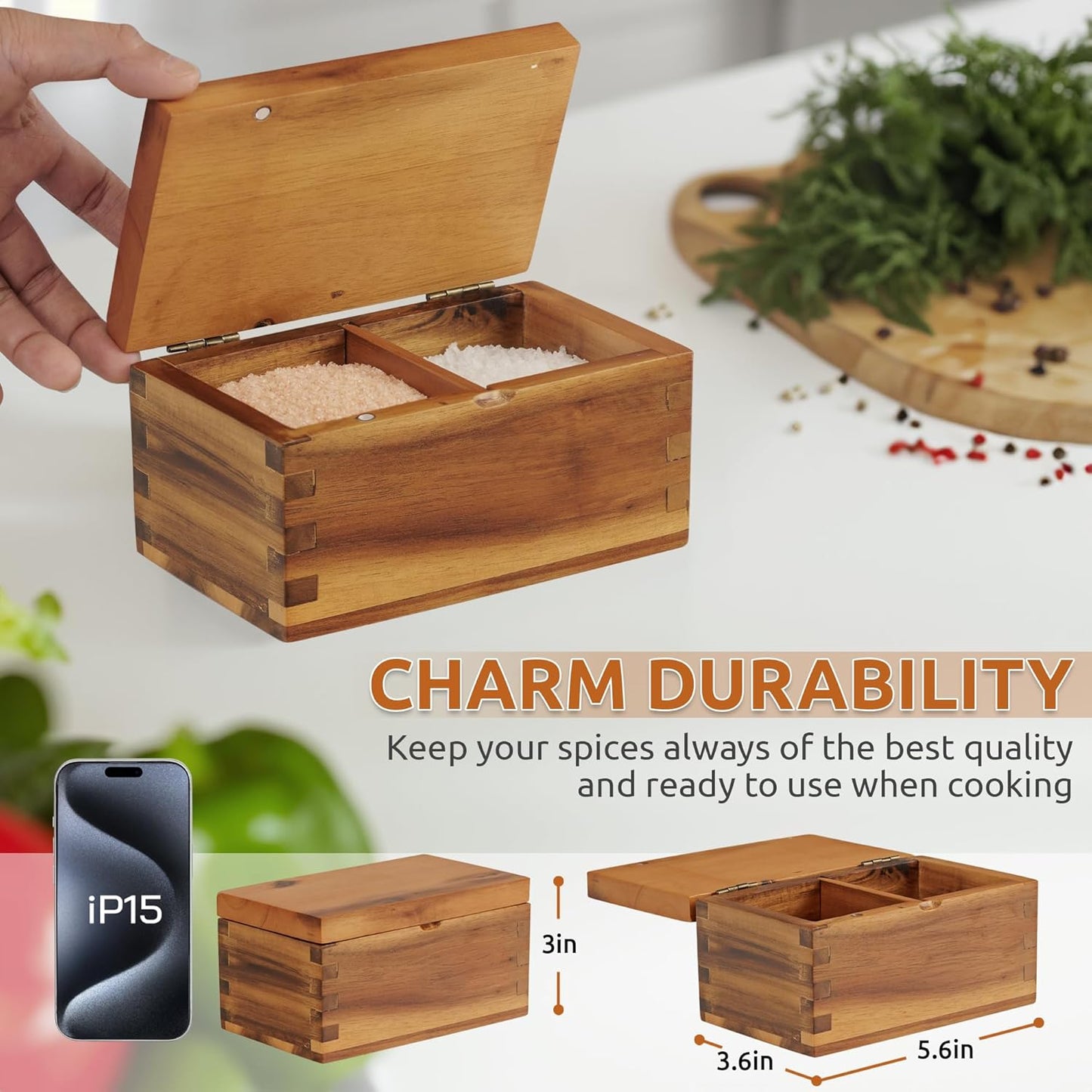 Demigo Acacia Wood Salt Cellar with Magnetic Flip Lid - 20 oz Large Capacity Salt Box for Kitchen - Keeps Spices, Herbs & Seasonings Fresh (Natural Brown)