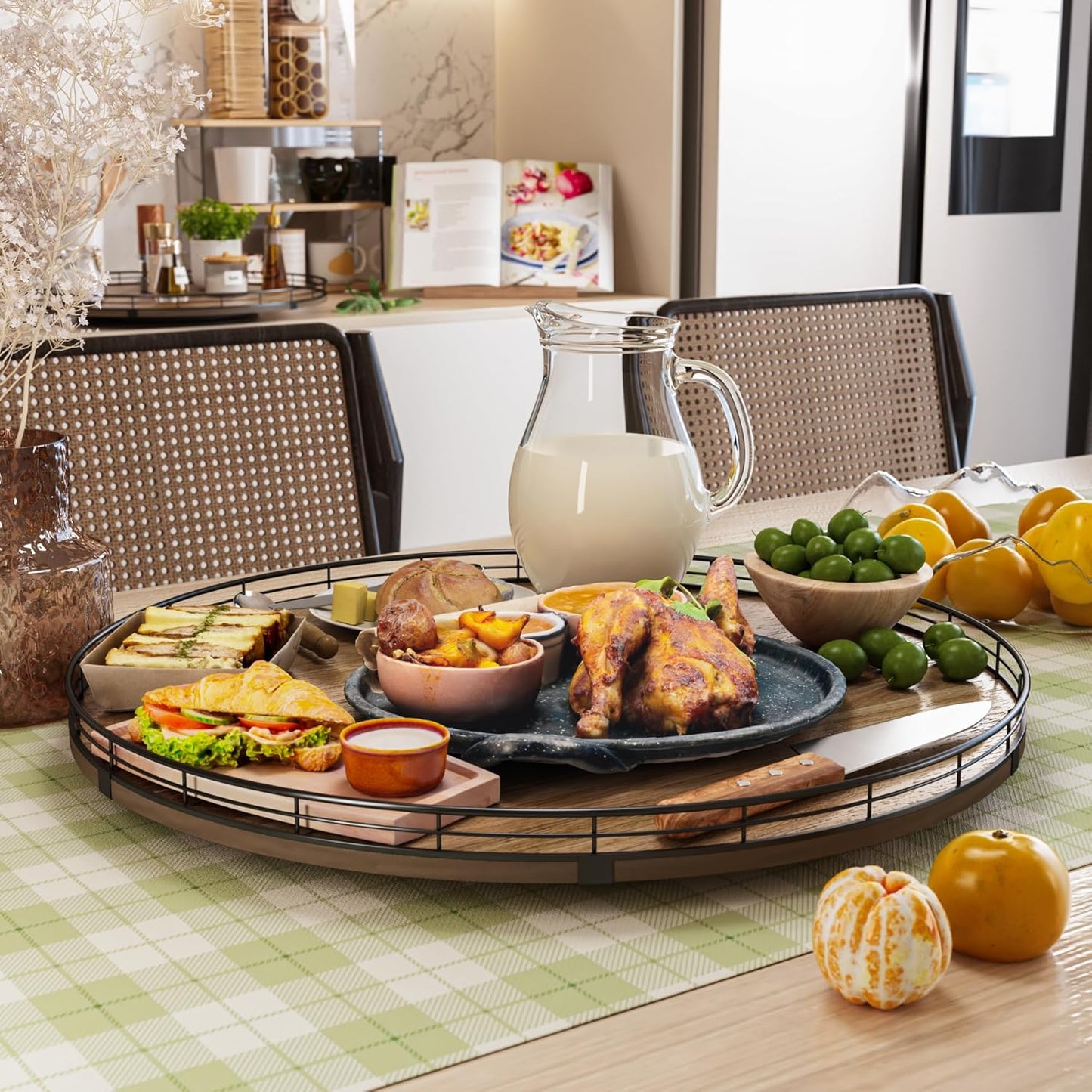 Acacia Wood 21" Lazy Susan Turntable Organizer for Table Top, Farmhouse Extra Large Round Lazy Susan for Serving Kitchen Countertop Cabinet for Charcuterie Centerpiece, Bathroom Vanity Tray Decor