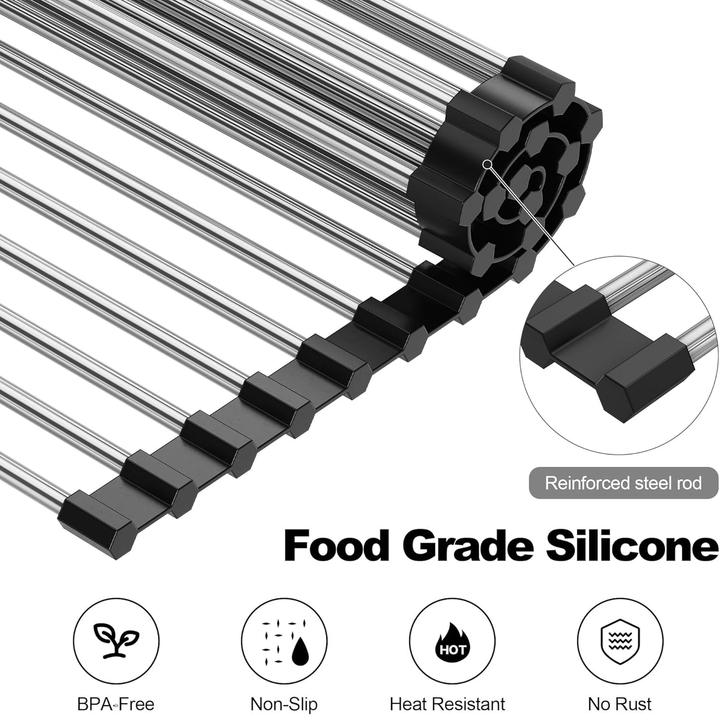 NEZUIBAN Dish Drying Rack with Roll Up and Over Sink for Kitchen,17.5"x15.7",Black