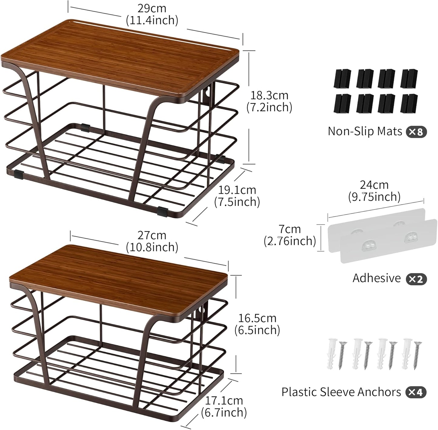 Extra Large 2 Pack Stackable Storage Pantry Organizers and Storage, Wall Mount Trash Bag Holder with Bamboo Top and Garbage Bag Dispenser, Brown