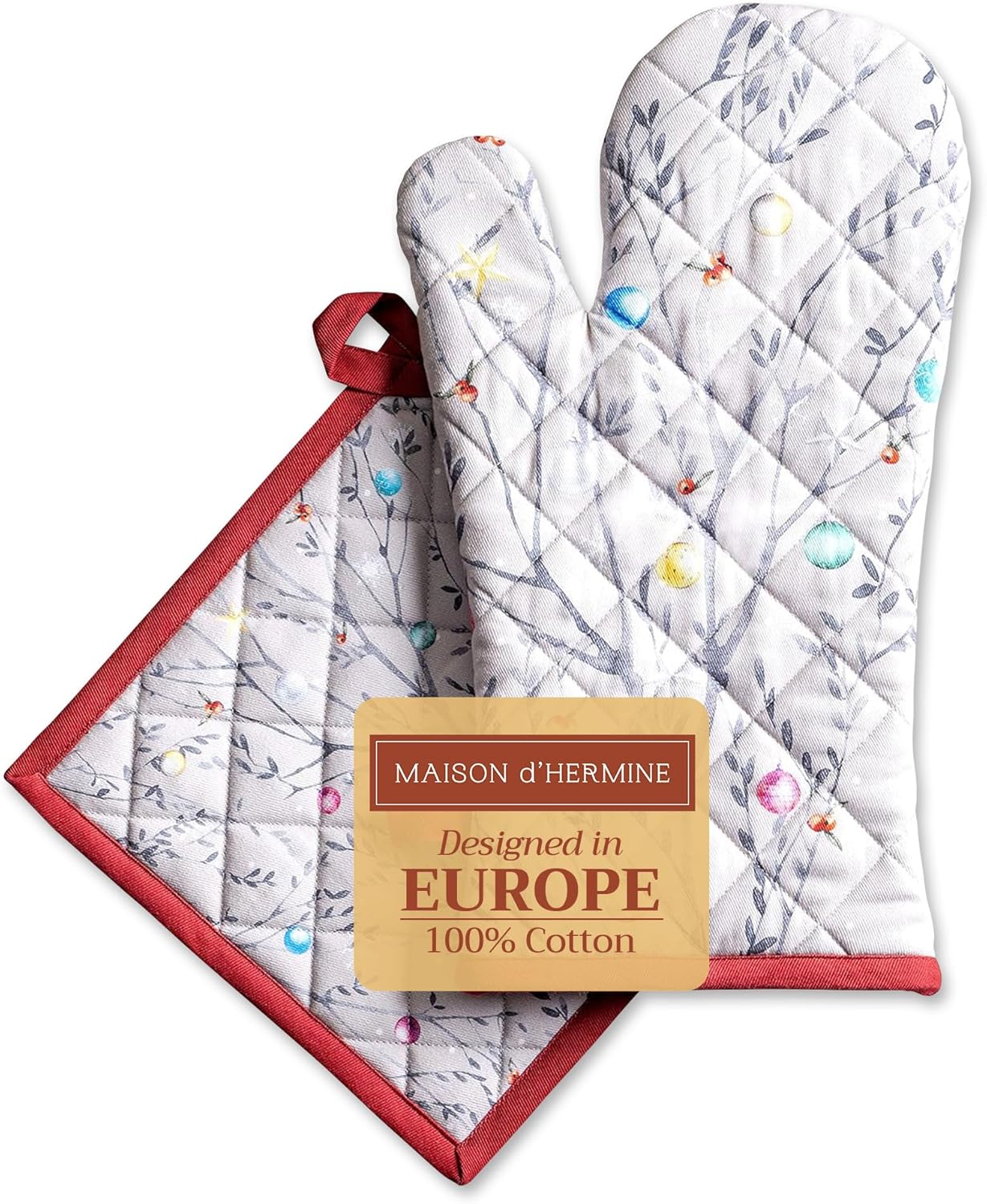 Maison d' Hermine 100% Cotton Oven Mitt & Pot Holder Set (7.5"x13" & 8"x8") Heat Resistant BBQ Cooking Gloves with Loop, Baking, Grilling, Kitchen, Handling Hot Pans (Fairy Christmas)