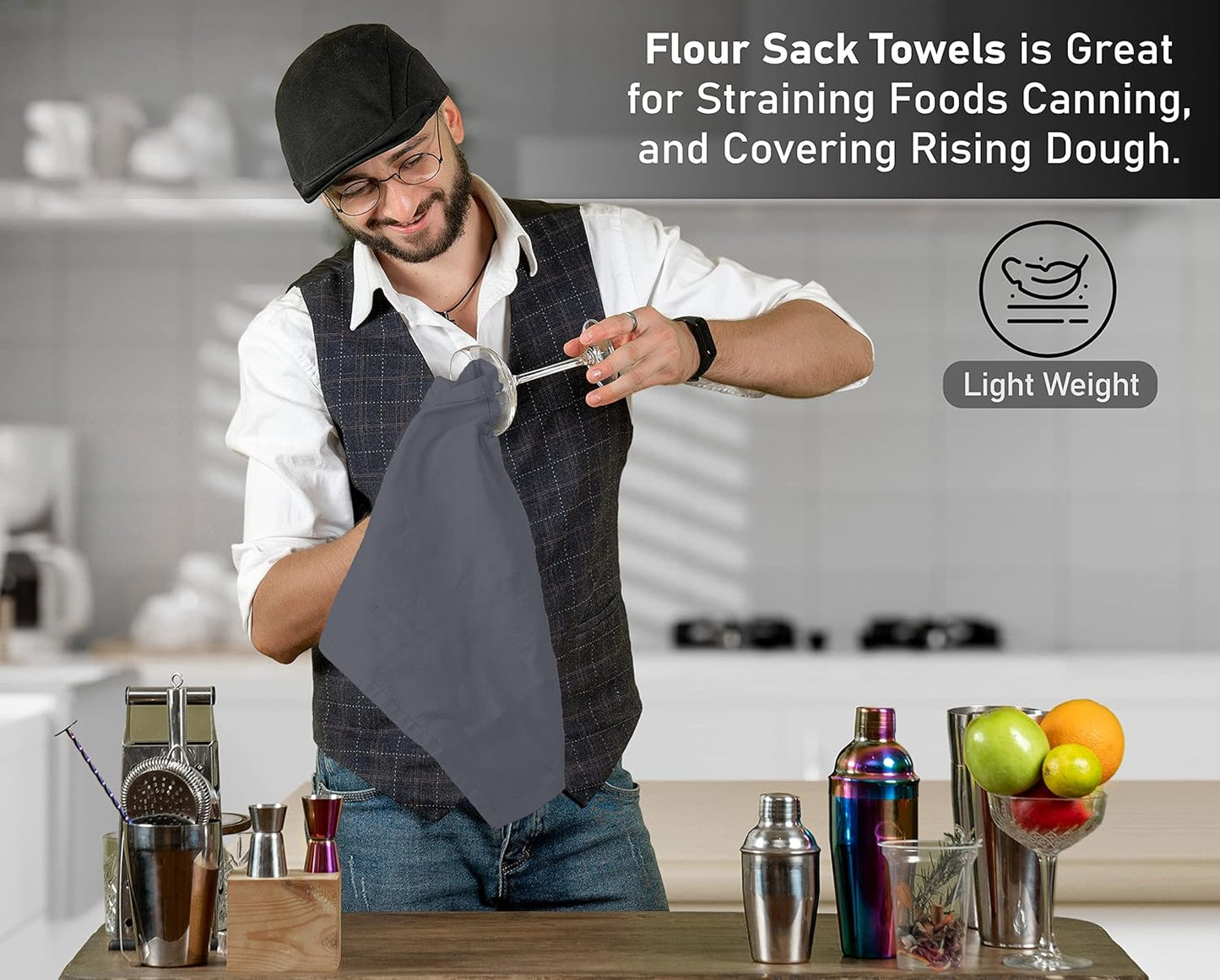 RUVANTI Flour Sack Towels 6 Pack 28x28 Inch, 100% Cotton Tea Towel, Reusable, Machine Washable, Absorbent BarTowels - Dish Cloth Perfect for Drying Dishes & Cleaning - Grey