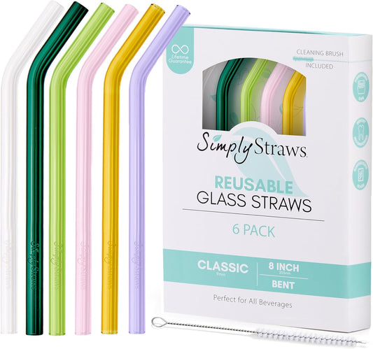 Simply Straws 8 Inch Glass Straws Bent (6-Pack) – Reusable Glass Straws for Pints & Juice Drinkware, with Cleaning Brush – Dishwasher Safe, Hot & Cold Use, BPA-Free (Meadow)