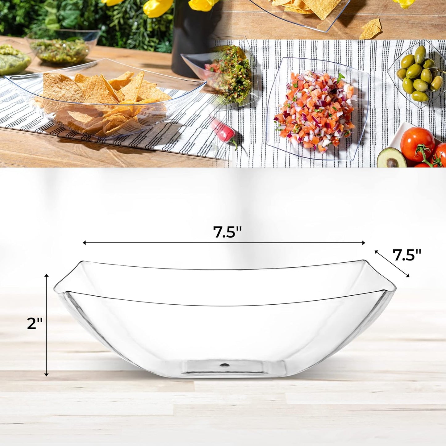 Posh Setting - Clear Plastic Serving Bowls for Party (32oz - 4 Pack) Square, Disposable, Salad & Fruit Bowls for Party Table, Candy Containers for Candy Buffet