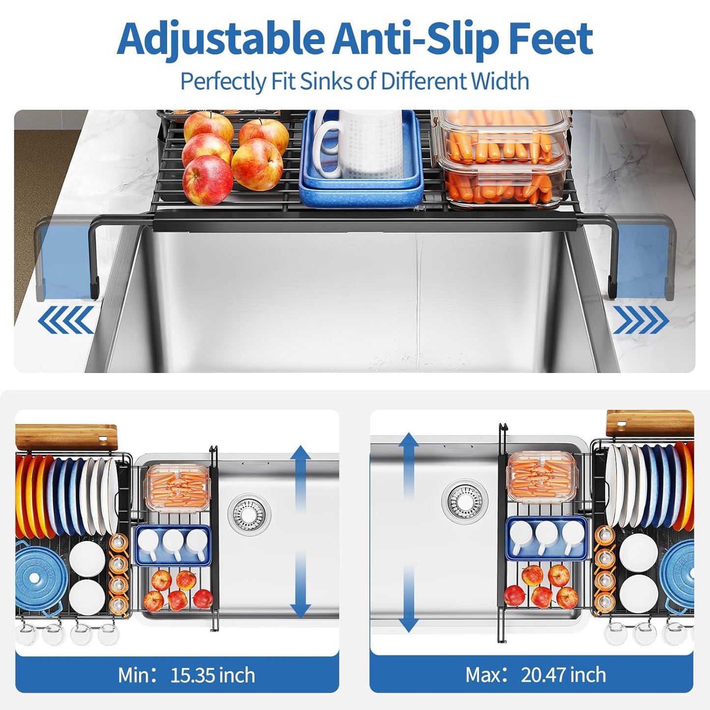 TOOLF Extendable Dish Drying Rack, 2-Tier Dish Rack for Kitchen Counter, Large Expandable Dish Drainer Over Sink, 3 in 1 Multifunction Dish Strainer with Drainboard & Cups Holder, Black