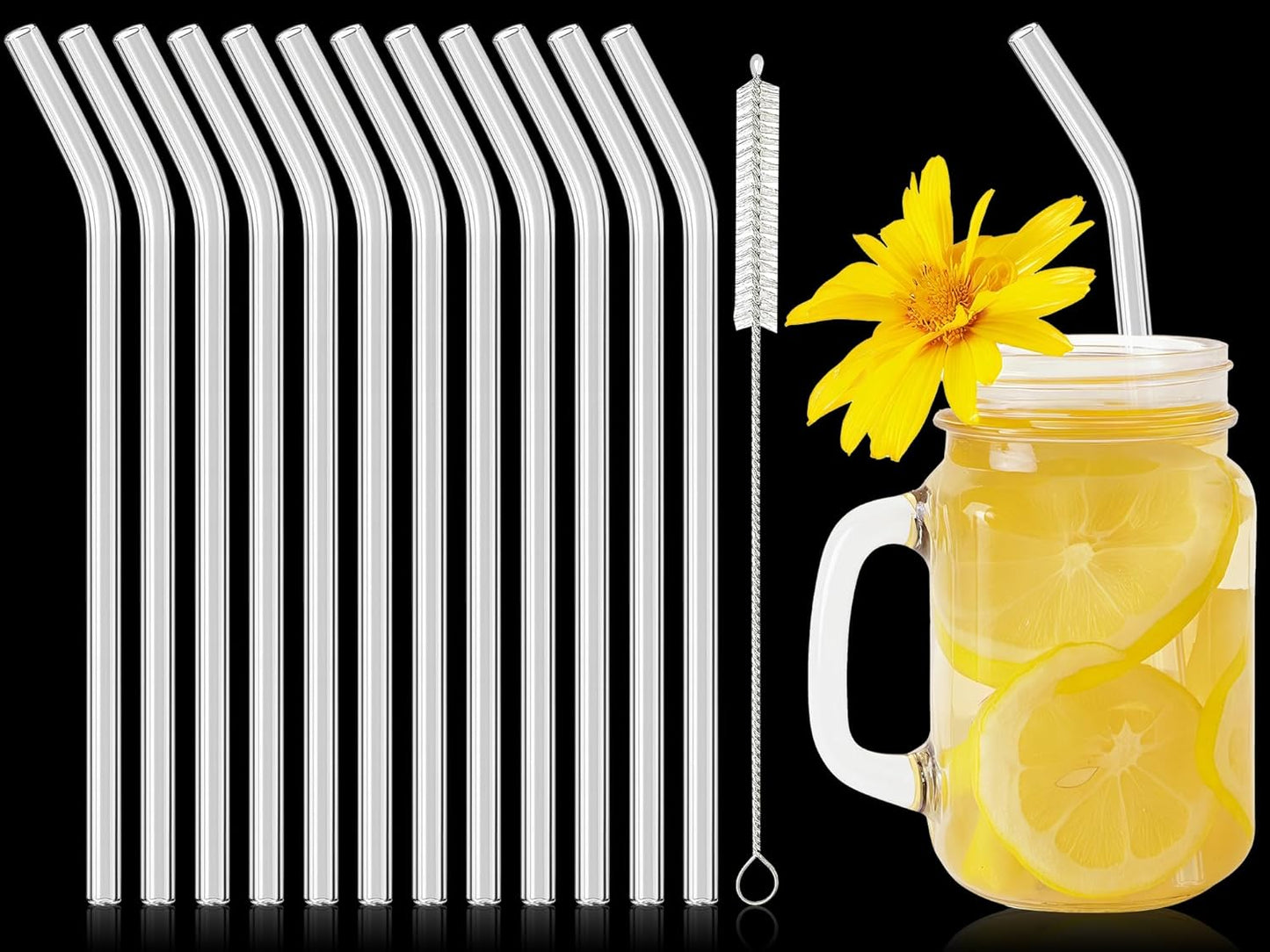 12 Pcs Reusable Glass Straws 8"x 8 mm Bent Glass Drinking Straws with Cleaning Brush for Tea, Smoothies, Milkshakes, Juices,Beverages(Clear)