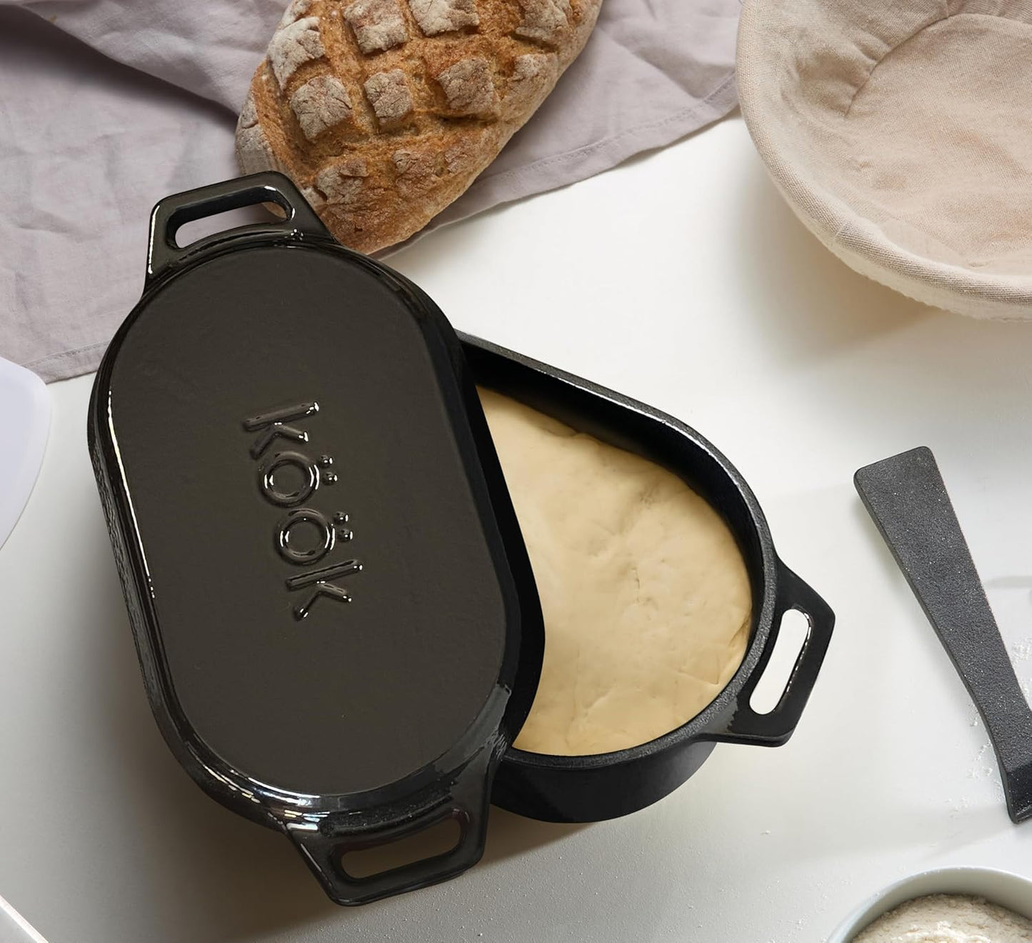 Kook Dutch Oven with Lid, Sourdough Bread Baking Supplies, Banneton Bread Proofing Set, Dual Handles, Enameled Cast Iron, Great for Baking Bread, 3.4 Qt, Artisan Sourdough Bread Making Kit, 9.8 Inch Rattan Baskets and Liners, Oval