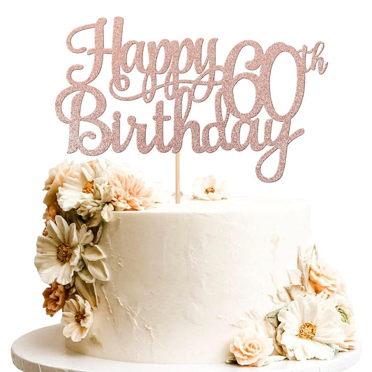 1 PCS Happy 60th Birthday Cake Topper Glitter Cheers to 60 Years Birthday Cake Pick 60 Fabulous Cake Decoration for Happy 60th Birthday Anniversary Party Decorations Supplies Rose Gold