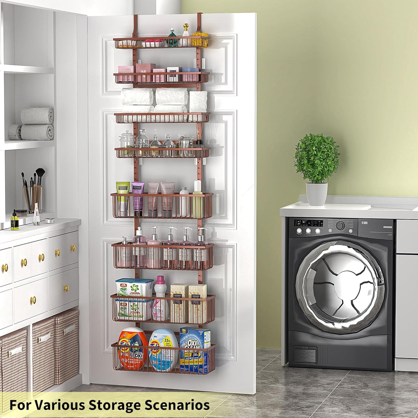 Moforoco Over The Door Pantry Organizer, Pantry Door Organizer Shelves, Kitchen Organizers and Storage, Hanging Basket Wall Spice Rack Seasoning Shelves, Laundry Room Bathroom accessories（Brown ）