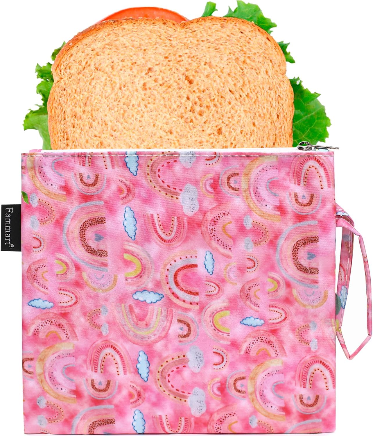 Reusable Sandwich Bag/Snack Bag for Kids & Adults, Dual Layer Lunch Bag with Handle, Washable, Food Safe, BPA Free (1-Pack, Rainbow)
