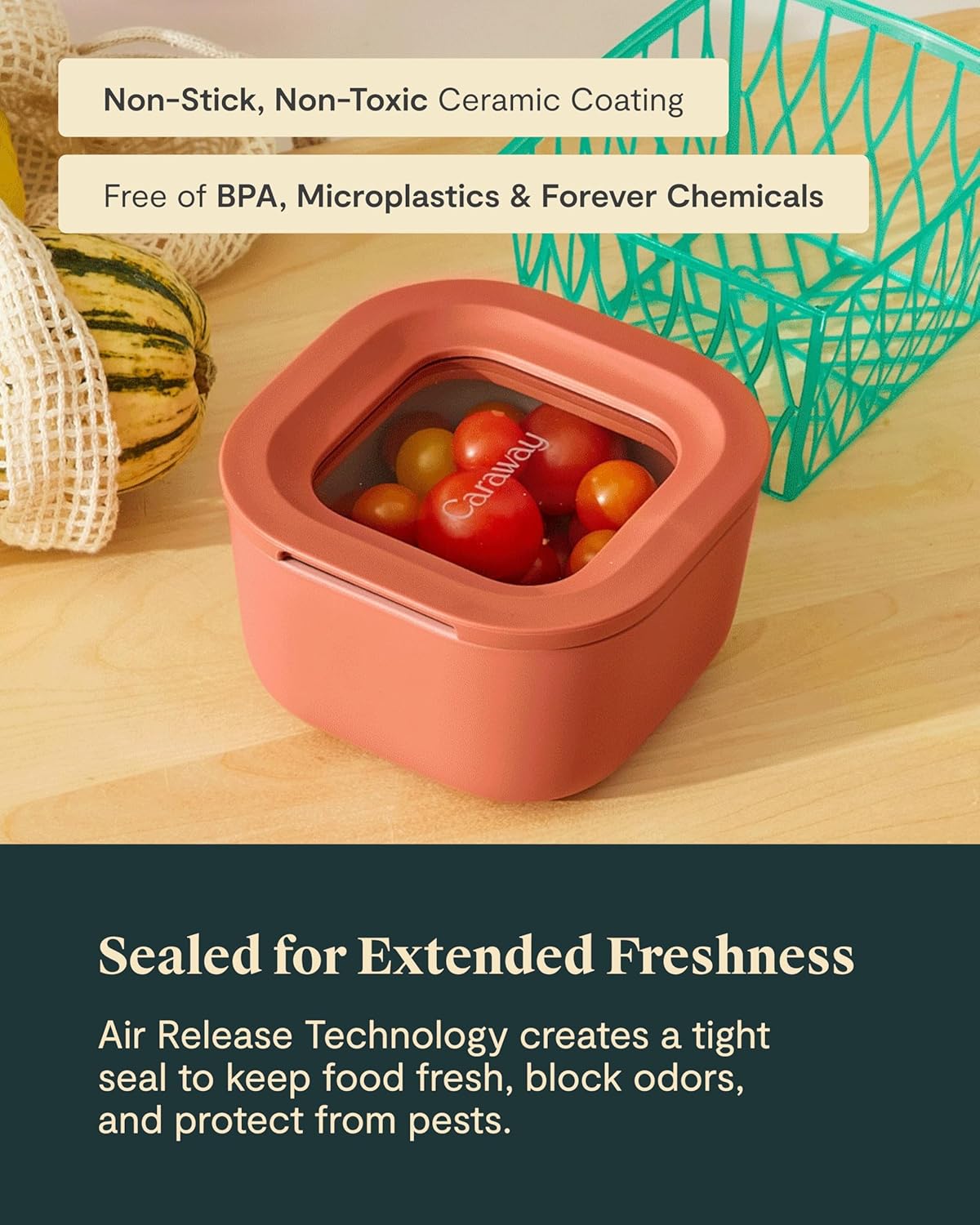 Caraway 6pc Food Storage Container Set - 1.75 Cup Glass Storage Container for Food (6) - Non-Toxic Ceramic-Coated Glass - Air Release Technology - Compact & Stackable Design - Gray