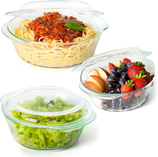 Moss & Stone 6-Piece Clear Glass Casserole Dishes for Oven With Lids, Durable Tempered Borosilicate Glass Bakeware Set, Microwave Safe, 3 Round Sizes for Cooking, Serving & Storage
