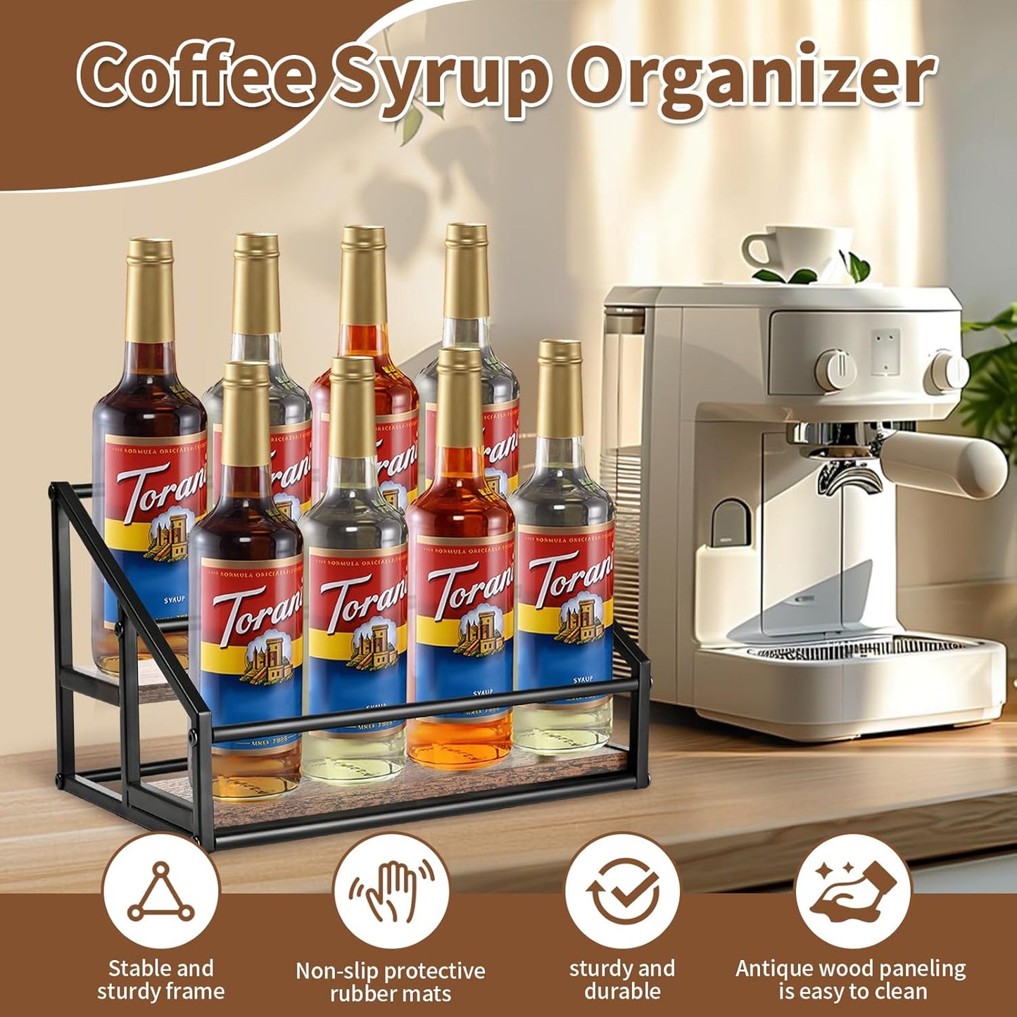 Coffee Syrup Organizer, 2-Tier 8 Bottles Coffee Syrup Rack for Coffee Bar, Coffee Syrup Stand for kitchen coffee station, Coffee Syrup Holder for Syrup, Wine, Dressing