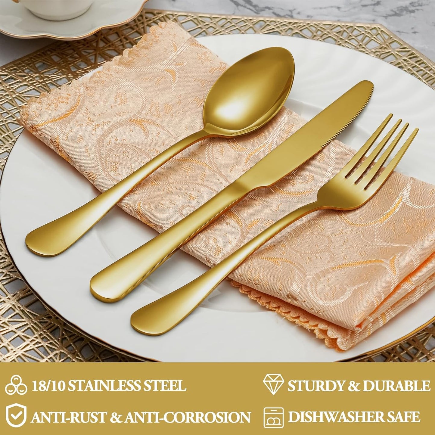 40 Pcs Gold Silverware Set Service for 8, Premium Stainless Steel Flatware Set, Cutlery Utensil Set, Durable Home Kitchen Eating Tableware Set, Include Fork Knife Spoon Set, Dishwasher Safe