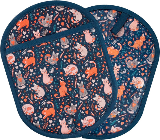 Pot Holders Set of 2 with Transparent Clear Silicone Shell and Nice Cat Flower Cotton Lining, Heat Resistant to 500 F Kitchen Oven Gloves Pot Holder for Cooking (Navy, Cat, Potholders)