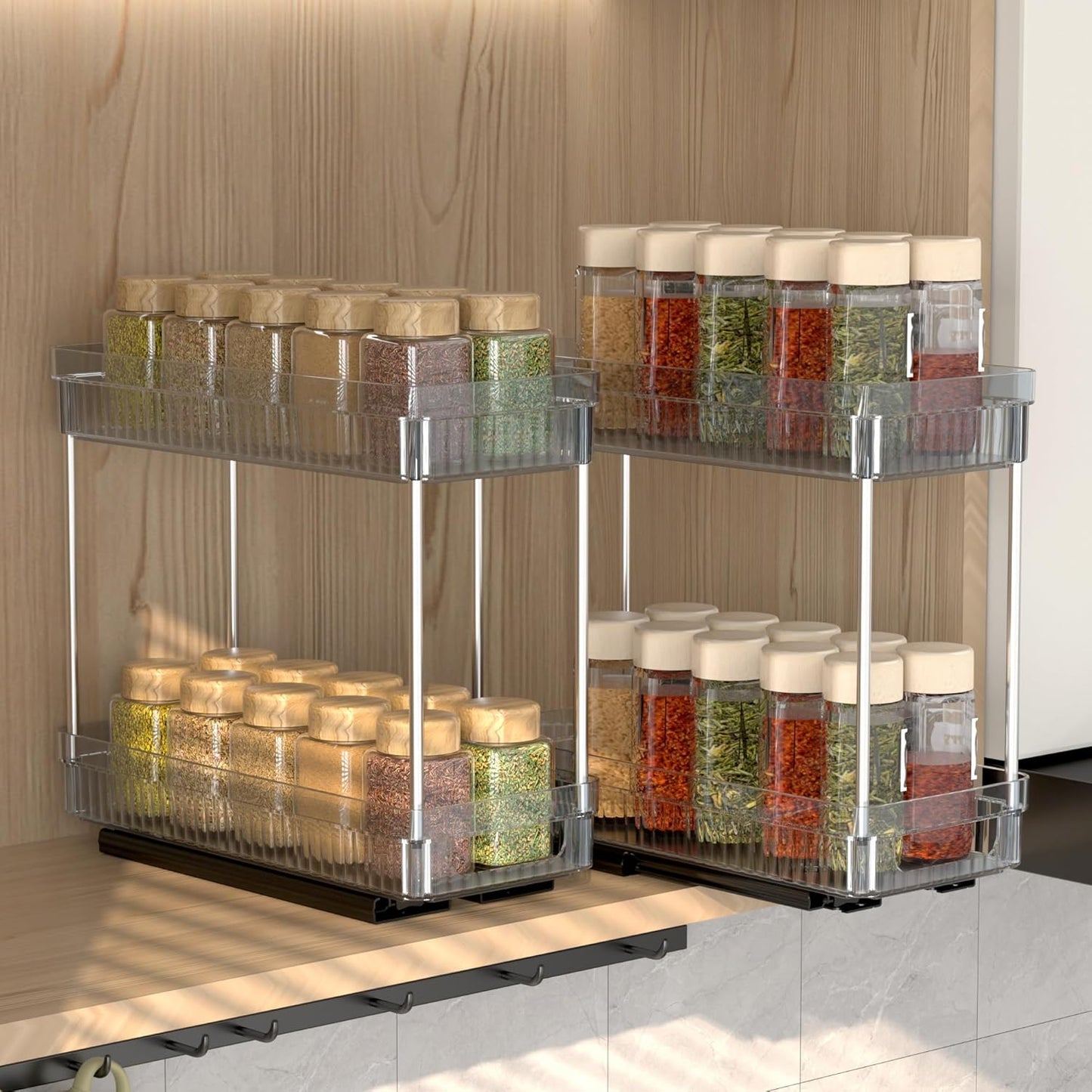2 Pack Pull Out Spice Rack Organizer for Cabinet, 2 Tier Slide Out Spice Racks Organizer, Spice Cabinet Organizers, Cabinet Size Need:12'' High x 11'' Deep x 5'' Wide, Clear Acrylic
