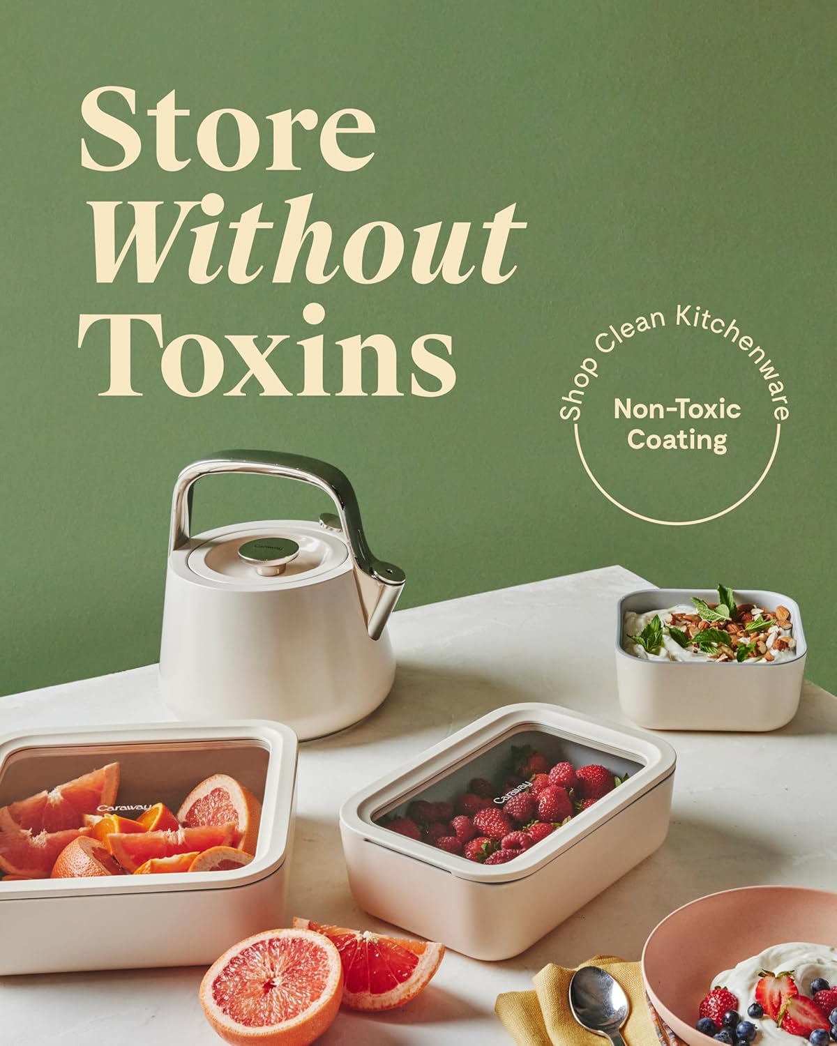 Caraway 3pc Glass Food Storage Set – 10 Cup, 6.6 Cup, & 4.4 Cup Food Containers - Ceramic Coated - Non Toxic Non Stick Lunch Box with Glass Lids - Dishwasher, Oven, & Microwave Safe - Cream