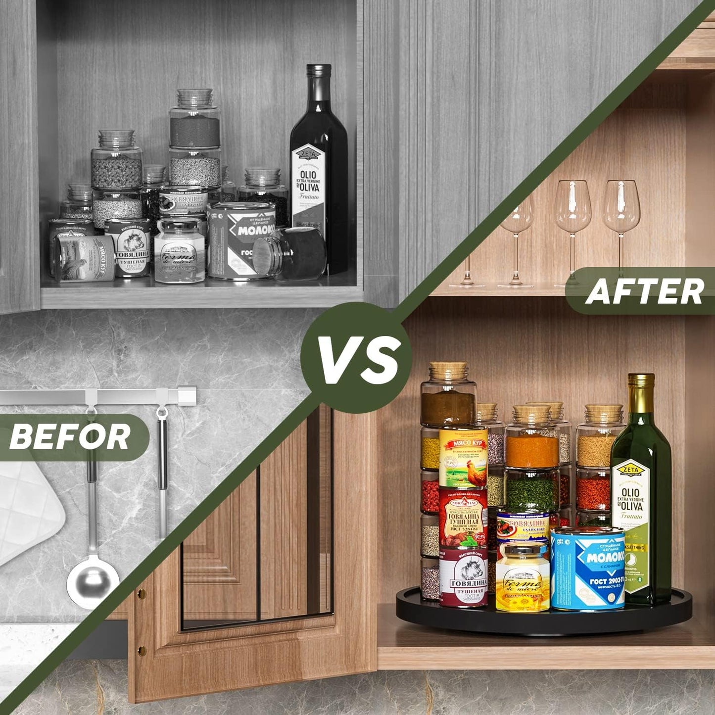 Lazy Susan Organizer, 13.2 Inch Non-Skid Bamboo Lazy Susan for Kitchen Table cabinets Closets and Kitchen Islands, Wood Turntable for Kitchen Countertop Organizer Black