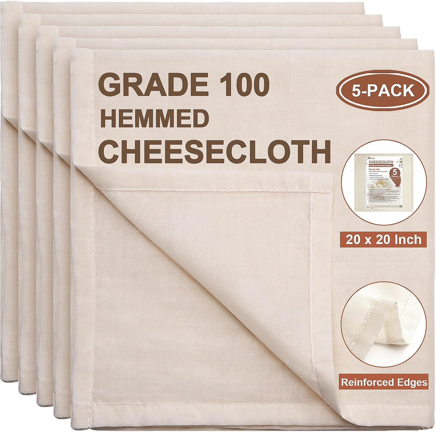 eFond Cheese Cloths | 5-Pack, 20x20Inch Squares with Hemmed Edges | Grade 100 Ultra Fine Reusable Cheesecloth for Straining | Unbleached Cotton Muslin Cloths | For Nut Milk, Butter, Baking & Cooking