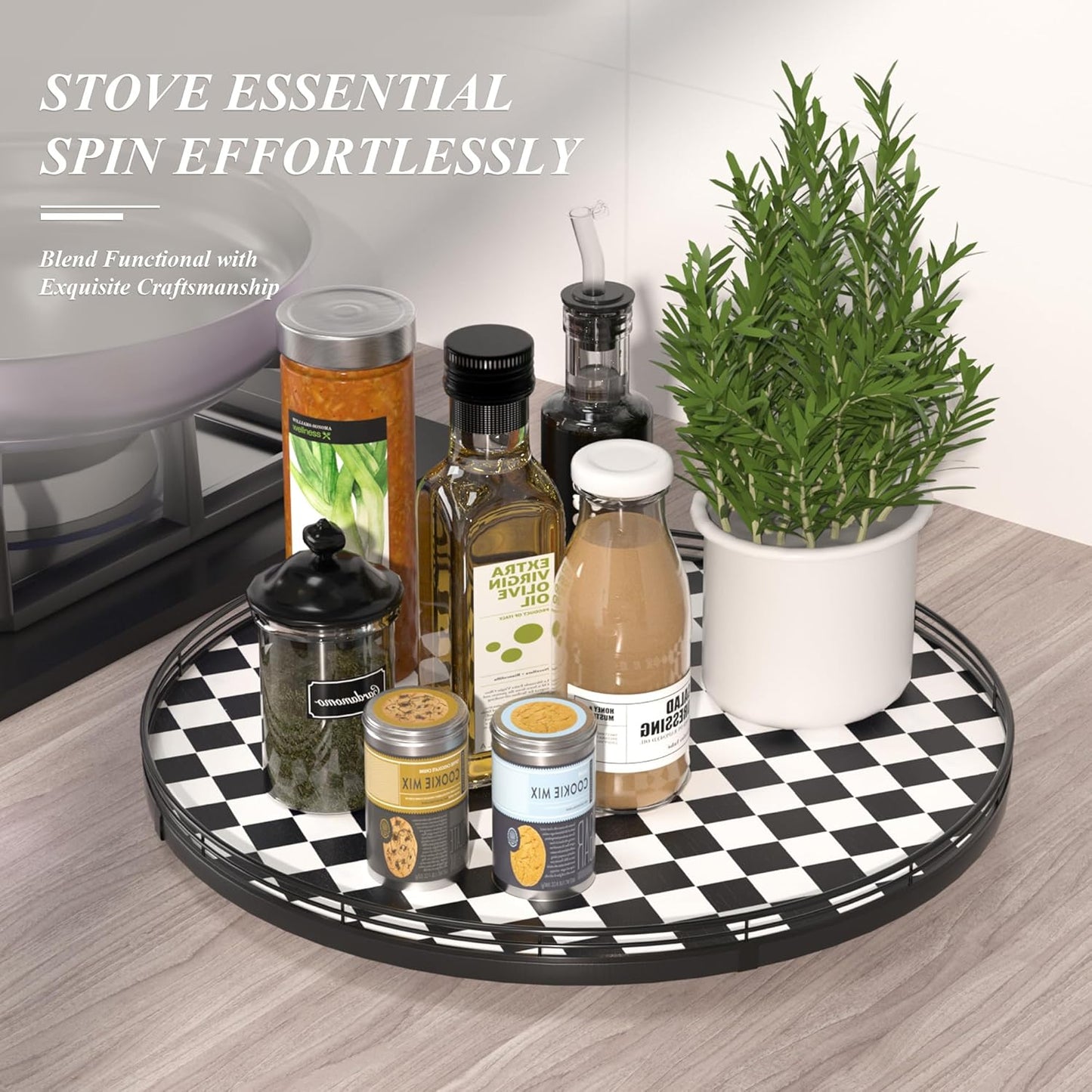 18" Black and White Kitchen Lazy Susan Turntable, Round Checkered Decorative Tray, Large Lazy Susan for Dining Table Centerpiece, Pantry, Kitchen, Bathroom, Countertop, Cupboard, Home Decor