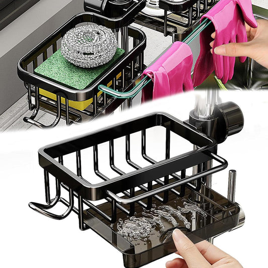 Kitchen Sink Faucet Organizer Multifunction Sponge Holder Organizer Sink Drain Holder Over Faucet Kitchen Sink Caddy with Hook Adjustable for 0.7-1.1inch Round Water Pipe (Black, S)