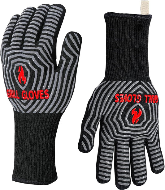 QUWIN BBQ Gloves, Oven Gloves 1472℉ Extreme Heat Resistant, Grilling Gloves Silicone Non-Slip Oven Mitts, Kitchen Gloves for BBQ, Grilling, Cooking, Baking-1 Pair… (Black, One Size(Long Cuff))