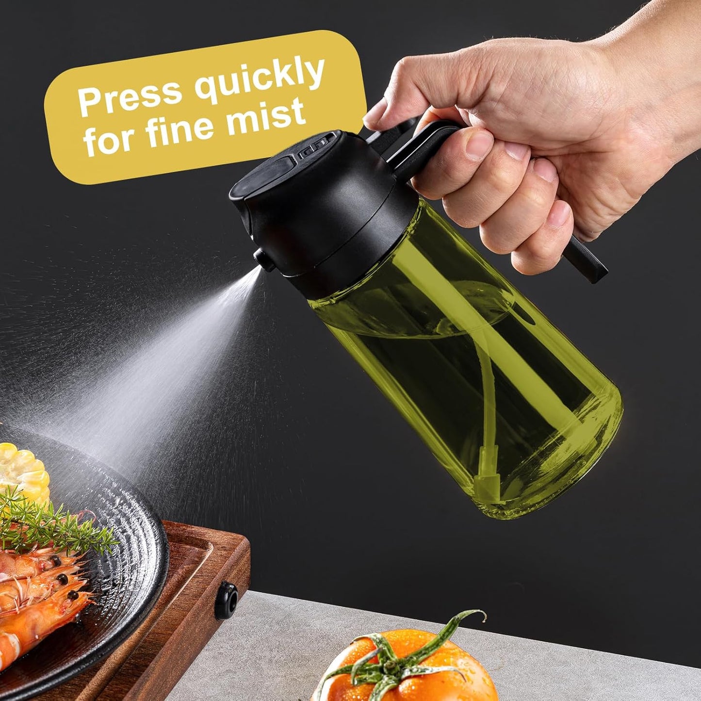 CXINYI - 16oz/470ml Olive Oil Dispenser for Kitchen with Stickers - 2 in 1 Olive Oil Sprayer for Cooking, Air Fryer, and Salad, Black&Green (Light-Proof Kitchen Gadget)