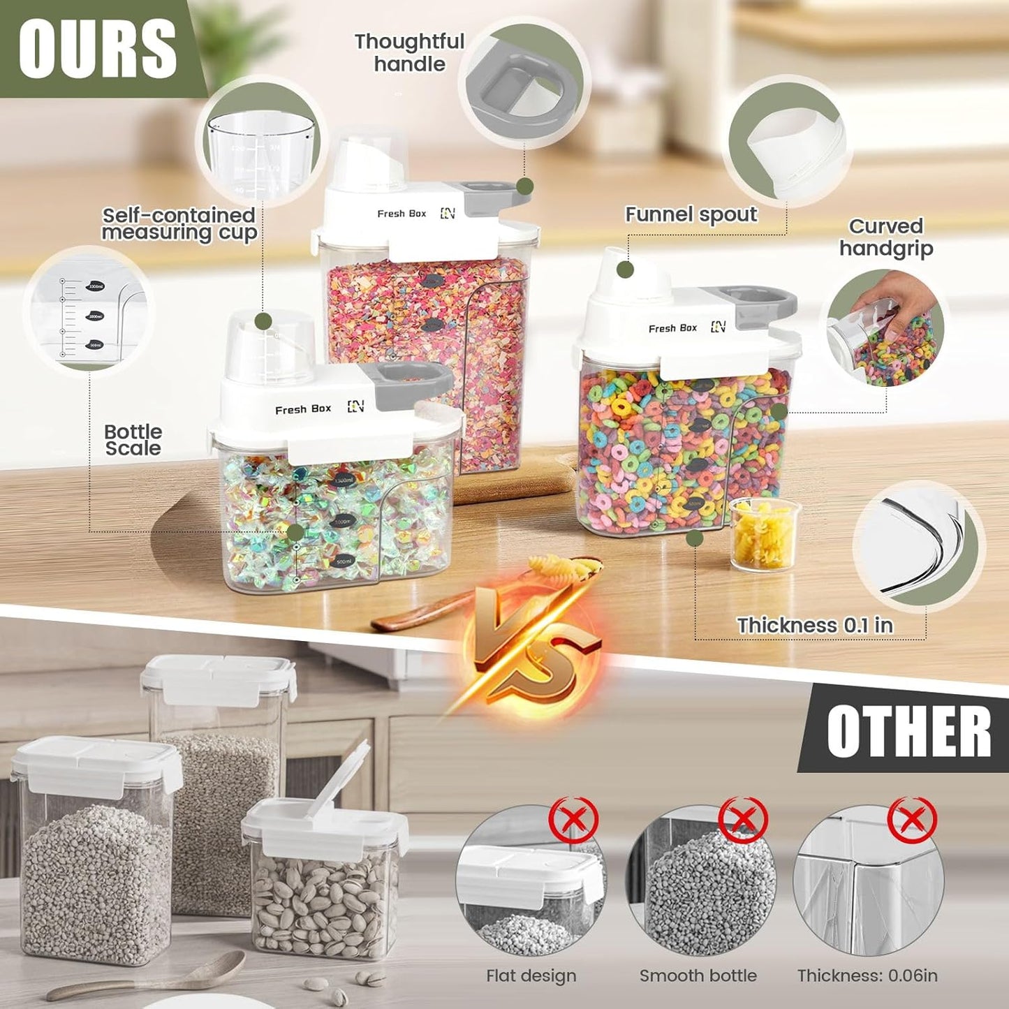 Cereal Storage Container 4Pack,44oz/1.3L Airtight Food Storage Containers With Lids,Organizers Storage With Measuring Cup for Beans,Sugar,Rice,Nuts,Snacks,Pet Food,Candy