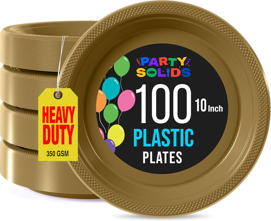 Exquisite Party Solids Gold Plastic Plates For Party 10" Gold Disposable Plates Heavy Duty Supplies 100 Pcs Plastic Dinnerware Sets Heavy Duty 350 GSM Disposable Dinnerware Set