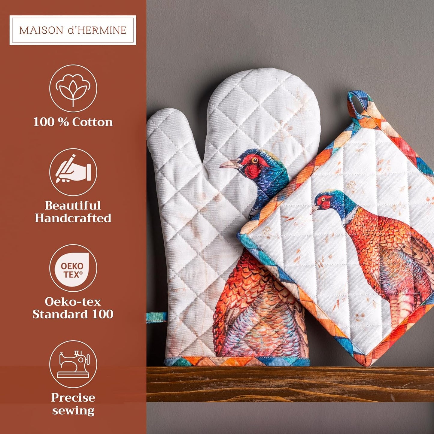 Maison d' Hermine 100% Cotton Oven Mitt & Pot Holder Set (7.5"x13" & 8"x8") Heat Resistant BBQ Cooking Gloves with Loop, Baking, Grilling, Kitchen, Handling Hot Pans (Faisan D'Automne)
