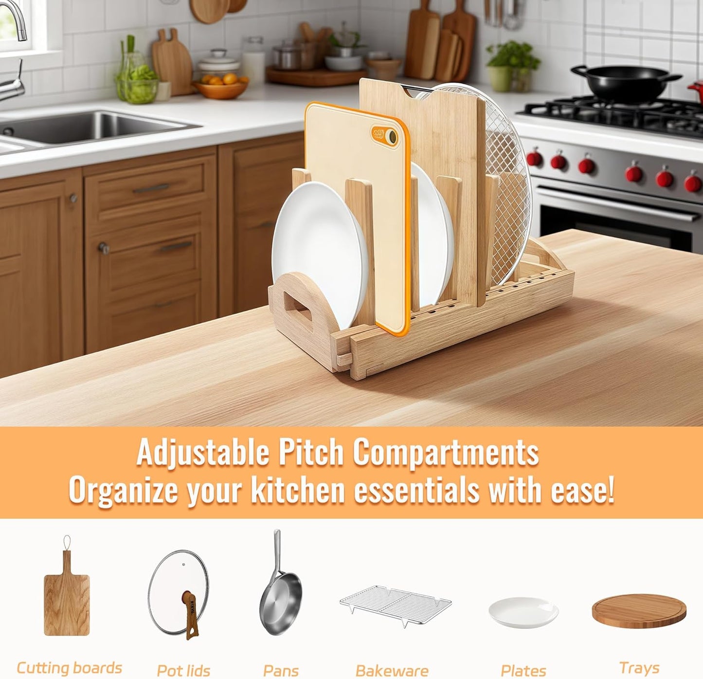 Pots and Pans Organizer Rack for Cabinet, Bamboo Expandable Pot Lid Organizer Holder with 10 Adjustable Compartment, Kitchen Cabinet Organizer for Lids & Bakeware - Pantry & Countertop Storage Rack