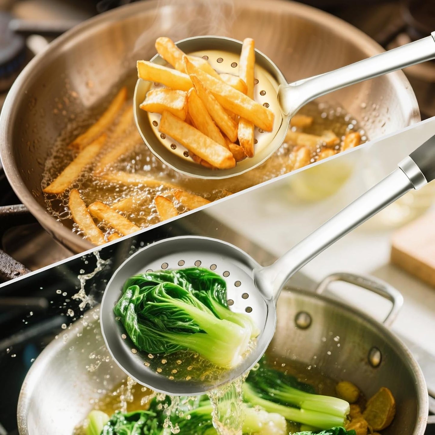 18/0 Stainless Steel Spaghetti Spoon & Slotted Spoon for Cooking, Heavy Duty Frying Spoon Pasta Strainer Skimmer, Cooking Utensils Commercial and Residential Use, Pack of 2