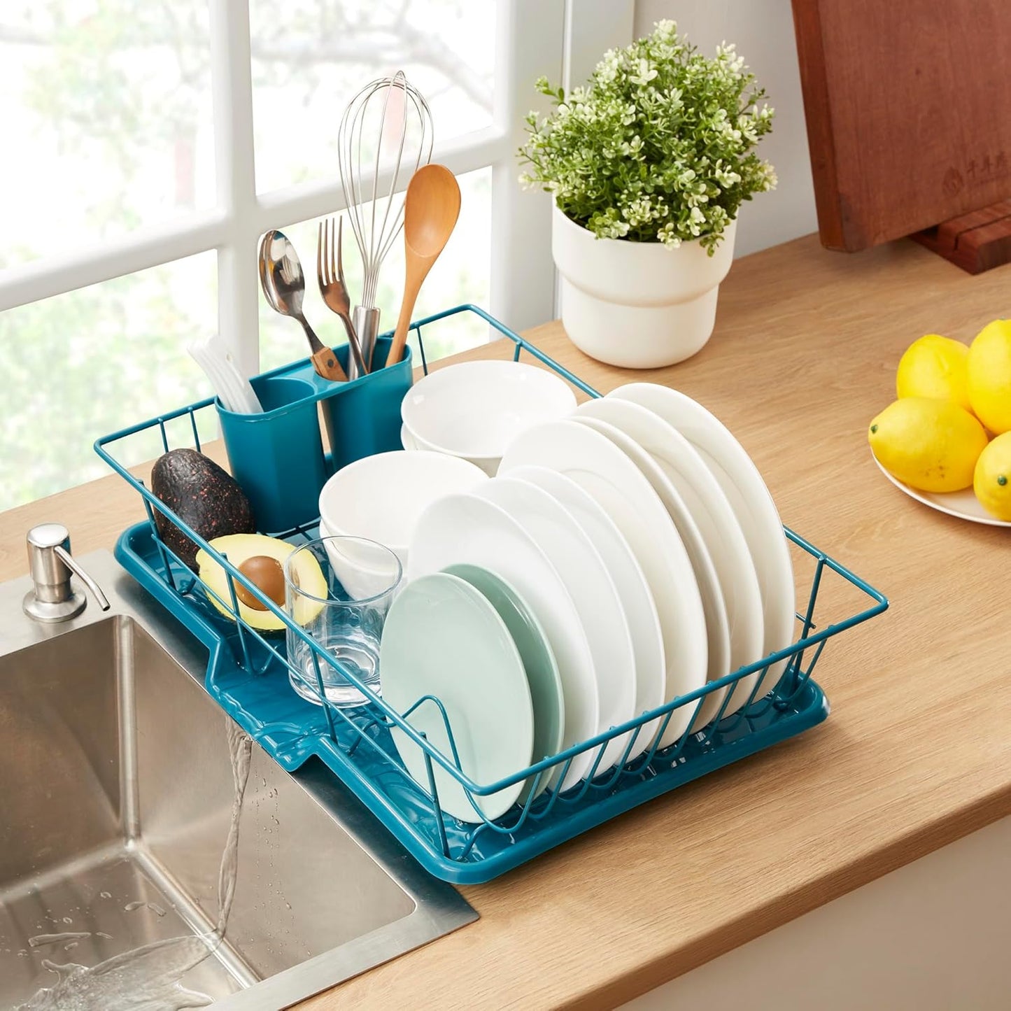 Space-Saving 3-Piece Dish Drainer Rack Set ✅ Efficient Kitchen Organizer for Quick Drying and Storage ✅ Includes Cutlery Holder and Drainboard ✅ Maximize Countertop Space, Blue/Green Teal