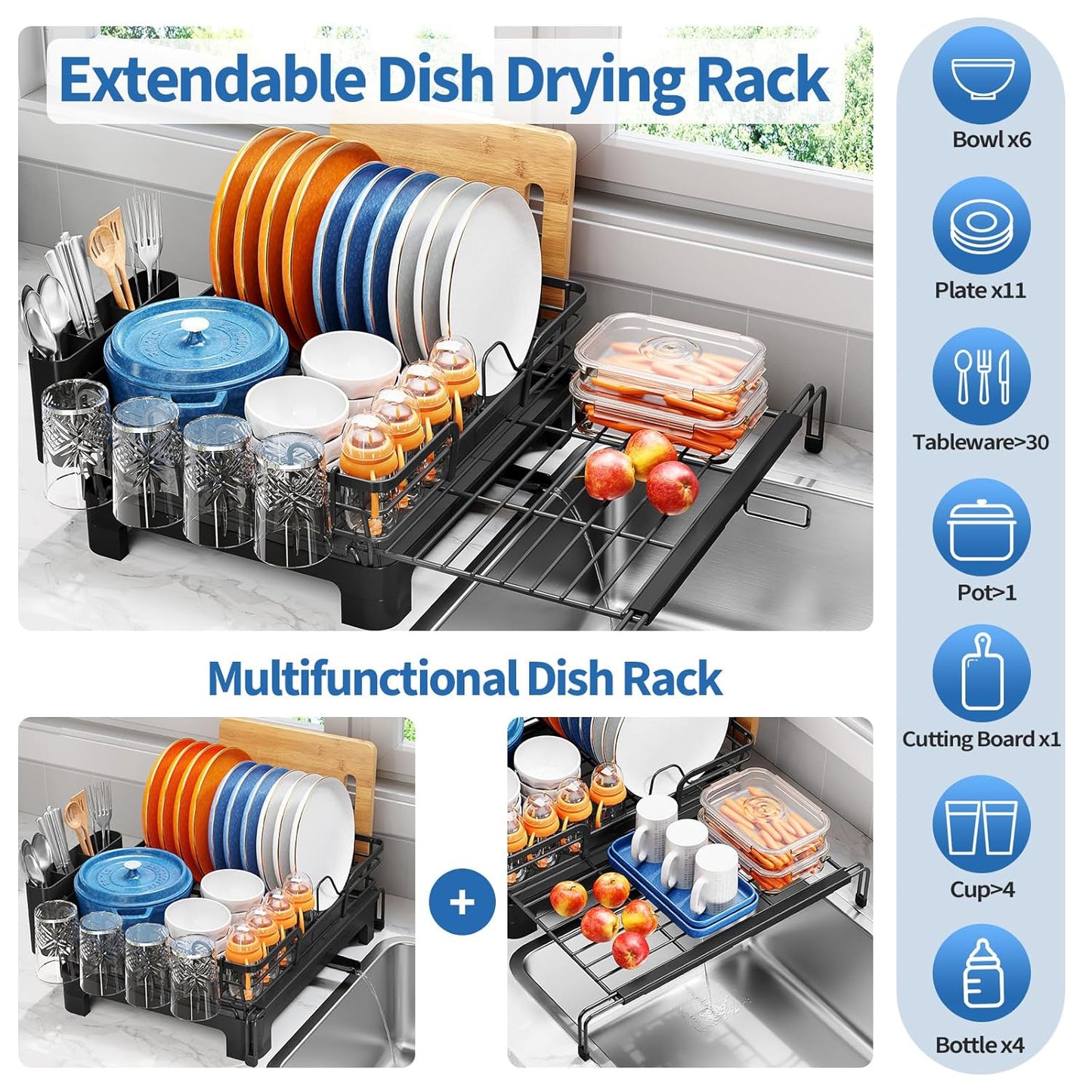 TOOLF Extendable Dish Drying Rack, 2 in 1 Multifunction Dish Rack for Kitchen Counter, Expandable Dish Drainer Over Sink, Large Plate Strainer with Drainboard & Cups Holder, Black