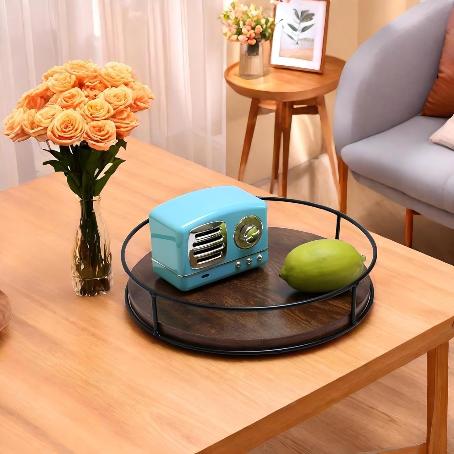 9 Inch Wood Lazy Susan Turntable for Table, Kitchen Rustic Brown Turntable Organizer with Steel Frame, 360 Degree Decorative Turntable for Countertop Cabinet or Centerpieces