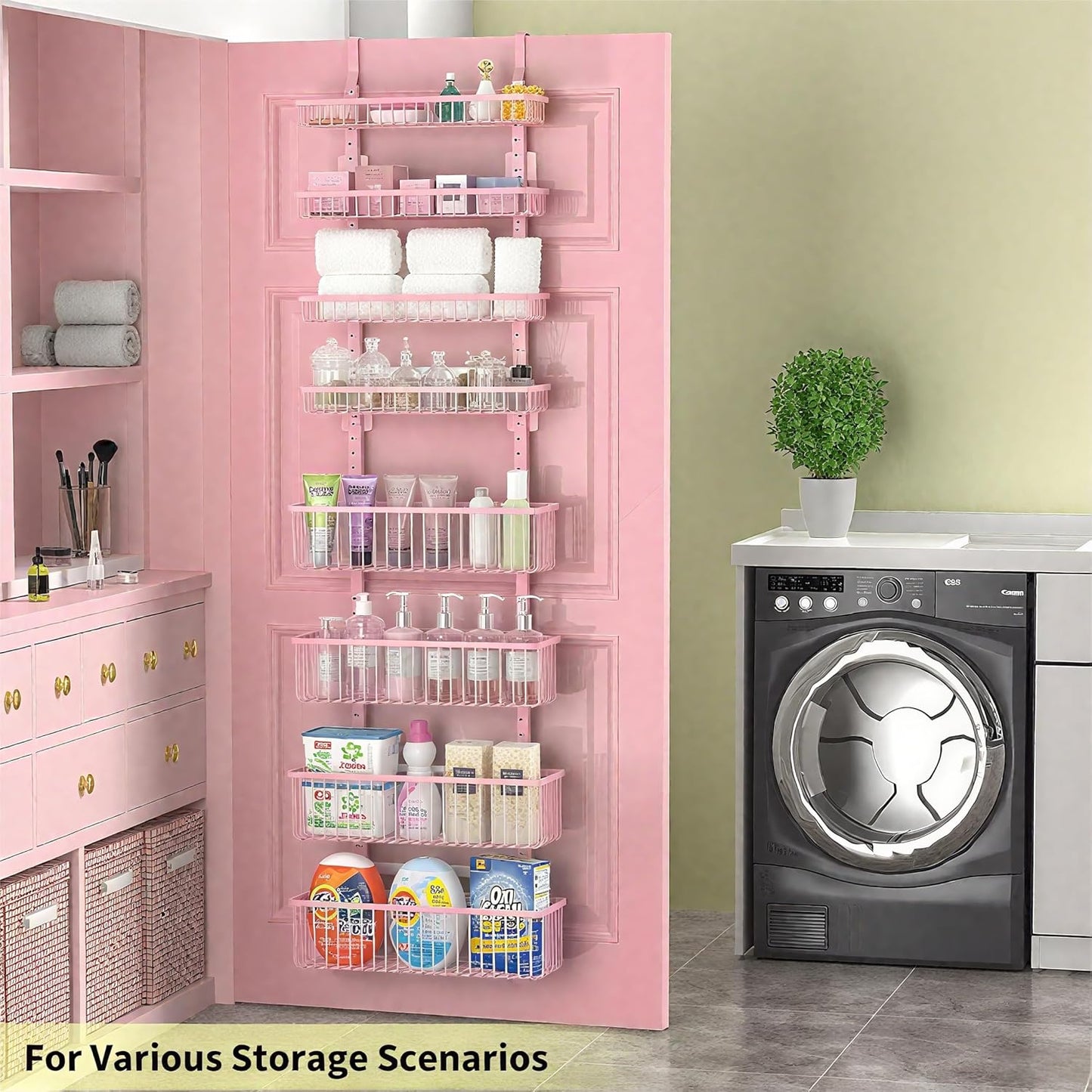 Moforoco Pink Over The Door Pantry Organizer, Pantry Door Organizer Shelves, Kitchen Organizers and Storage, Hanging Basket Wall Spice Rack Seasoning Shelves, Laundry Room Bathroom accessories