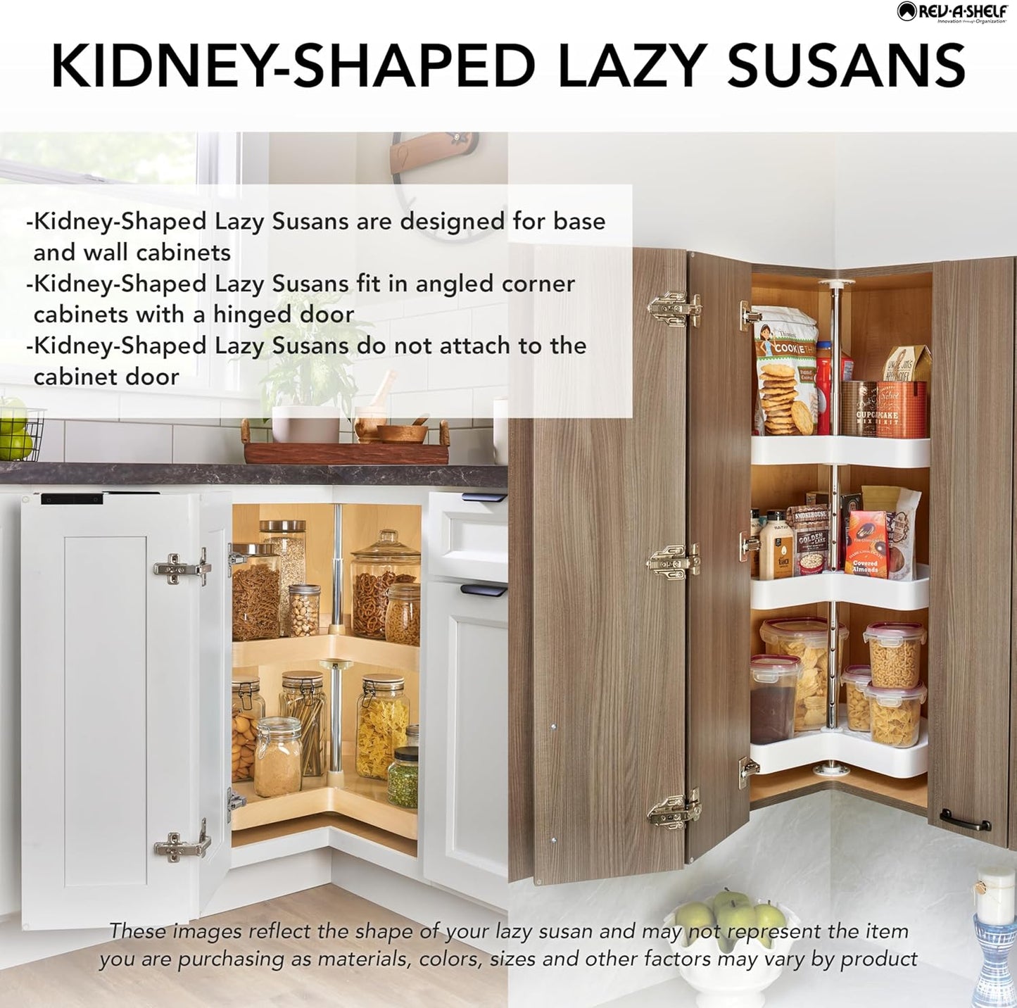 Rev-A-Shelf Dual Shelves Kidney-Shape 24" Lazy Susan Organizer for Lower Corner & Base Kitchen Cabinets, Turntable Home Storage, Wooden, 4WLS472-24-52