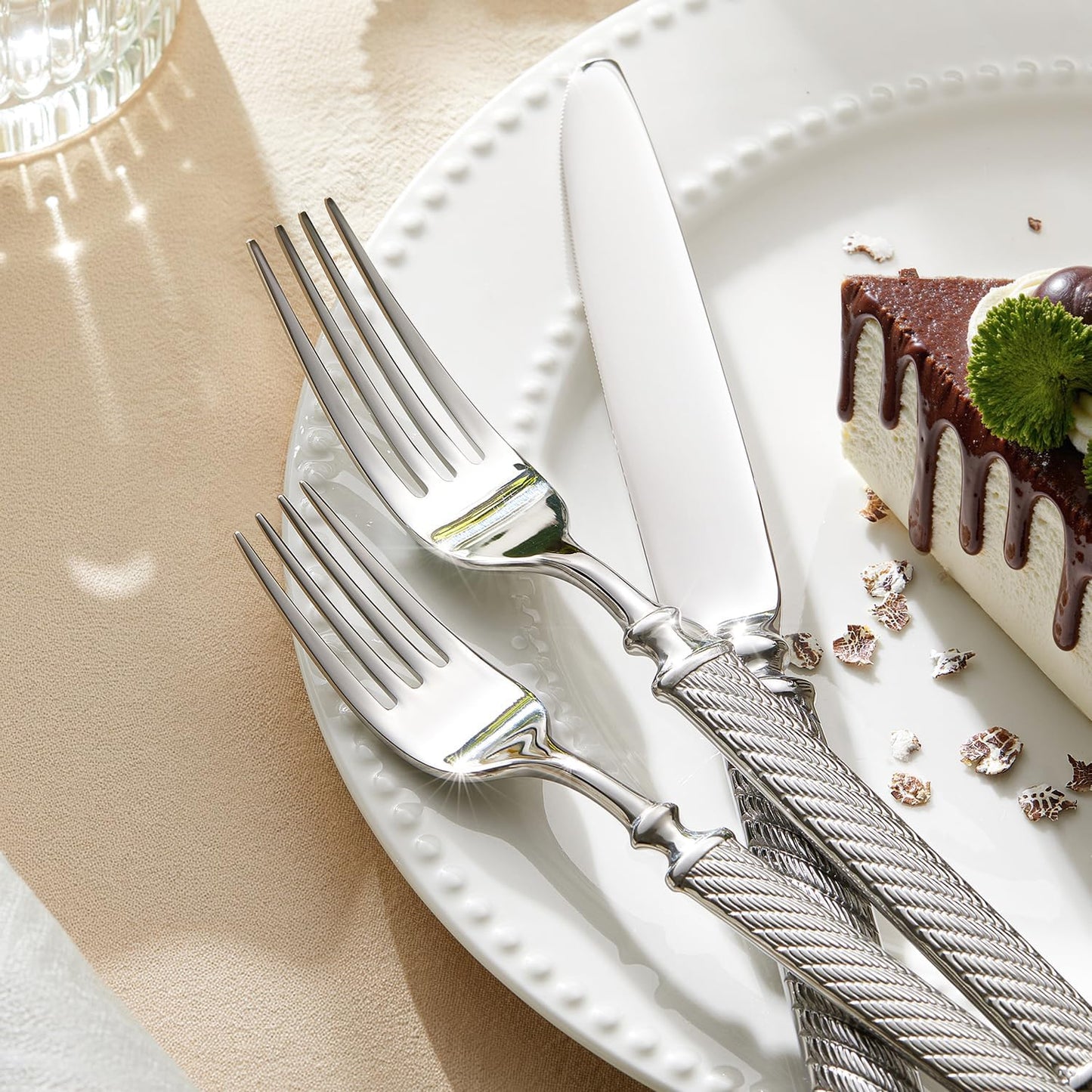 KINGSTONE Retro Rope-Pattern Silverware Set, 5-Piece Flatware Set Cutlery Set Forged with Handcrafted Texture Handles 18/10 Stainless Steel, Dishwasher Safe