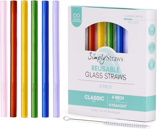 Simply Straws 6 Inch Glass Straws Straight (6-Pack) – Reusable Glass Straws for Low Balls & Stemless Glasses, with Cleaning Brush – Dishwasher Safe, Hot & Cold Use, BPA-Free (Iridium)