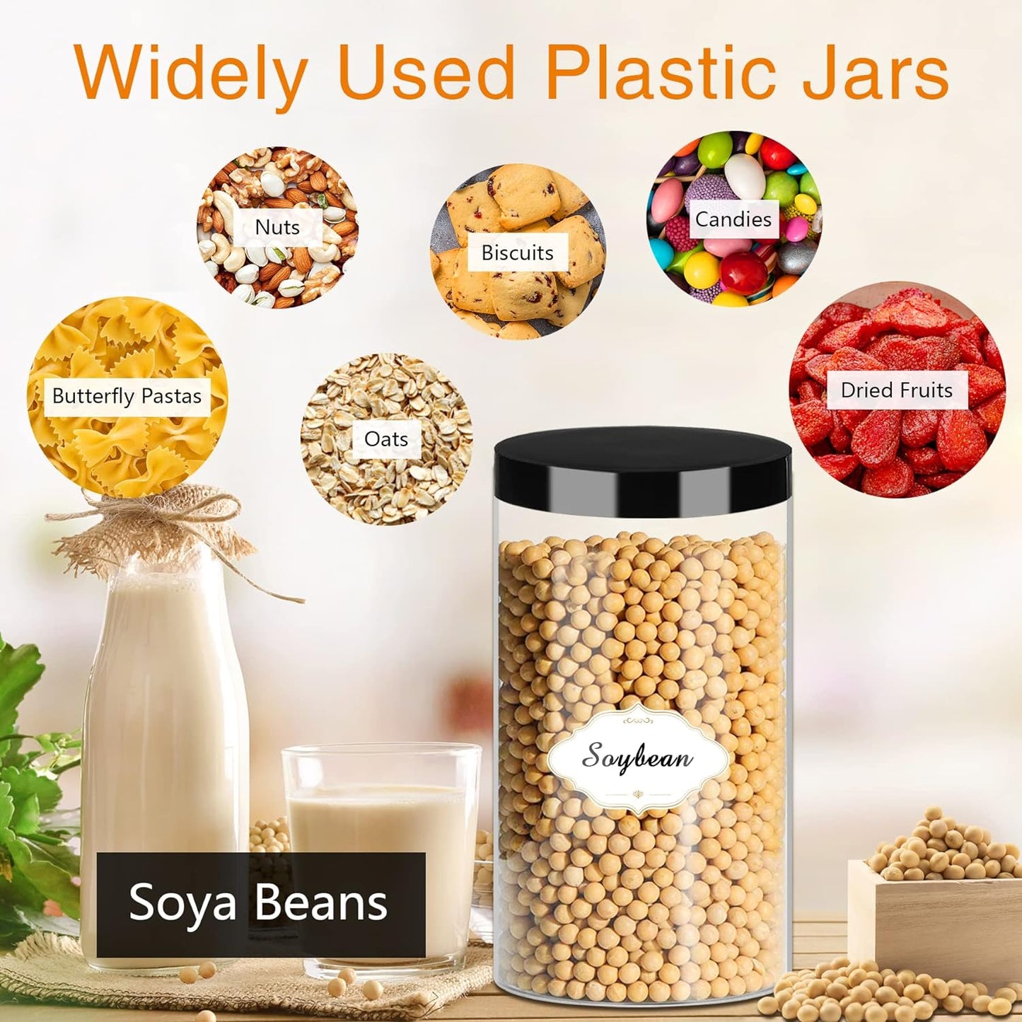 Plastic Jars with Lids, 16 Pcs 32 OZ Large Plastic Storage Jars with Black Leakproof Lids Cylinder Plastic Storage Container Jar Reusable Clear Empty Jars for Home and Kitchen Organizing