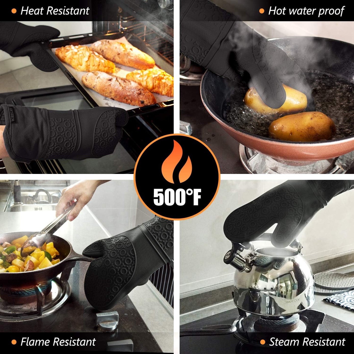 Rorecay 6pcs Oven Mitts and Pot Holders Sets Heat Resistant 500 Degrees, Extra Long and Non-Slip Silicone Oven Gloves Potholders Hot Pads for Kitchen Baking Cooking, Quilted Liner, Black