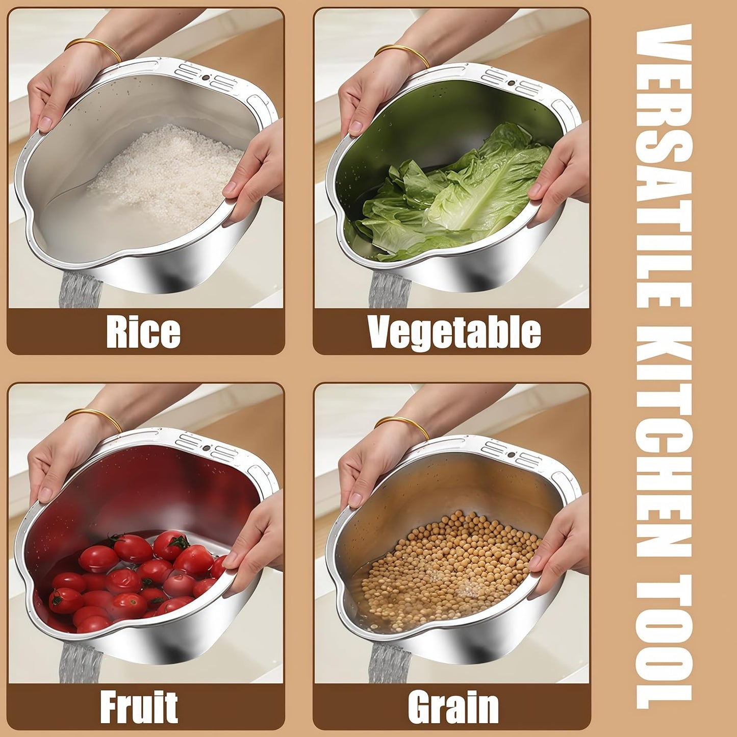 Rice Washer Strainer Bowl Stainless Steel Colander Quinoa Washing Bowl Versatile Square Side Drainers for Cleaning Rinsing Fruits, Vegetables, and Beans - Multifunctional Drain Basket