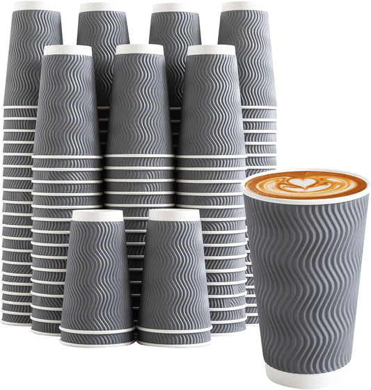 90 Pack 16 oz Disposable Coffee Cups No Lids, Gray Insulated Ripple Wall Paper Coffee Cups 16oz, Corrugated Beverage Paper Cups, To Go Cups for Hot Chocolate Tea Home Travel Office