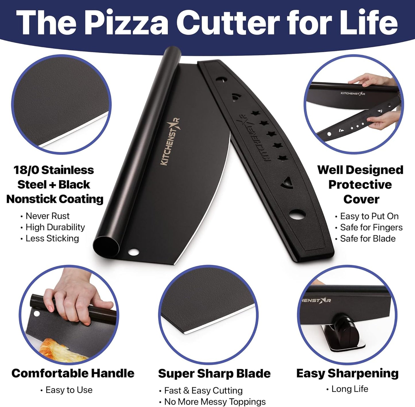 KitchenStar 18-Inch Pizza Cutter Rocker Blade - Sharp Stainless Steel Slicer Knife, Protective Cover, Black Nonstick, Extra Large - Commercial Pizza Oven Accessories