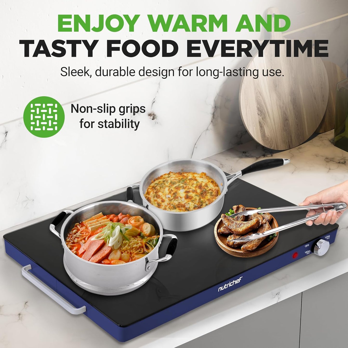 NutriChef Electric Warming Tray | Glass Surface Hot Serving Tray | Adjustable Temperature 140°F to 230°F | Energy Efficient & Space Saving | Perfect for Buffets,Parties & More | 21.2 x 16.5 IN | Blue